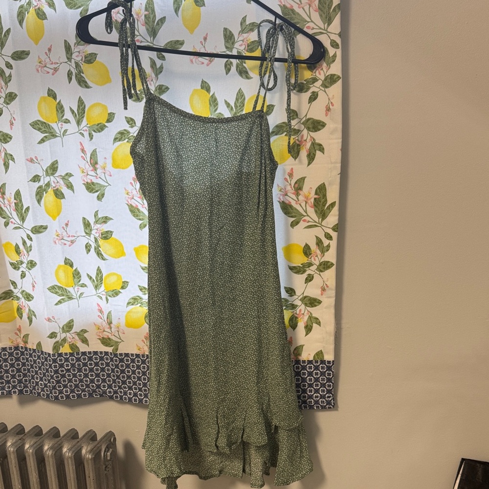 Forever 21 Green Patterned Mini Dress Adjustable Tie Straps Sz SM